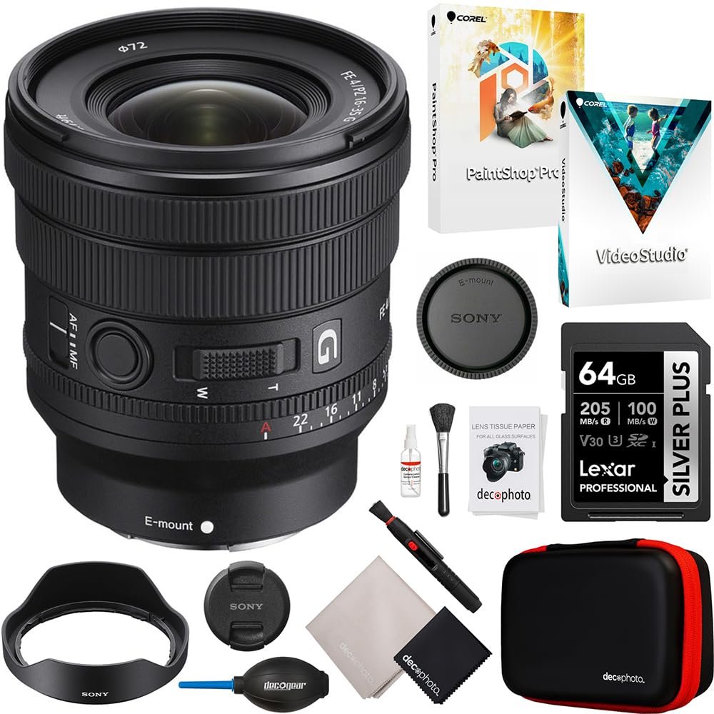Sony SELP1635G FE PZ 16-35mm F4 G Full Frame Wide Angle Power Zoom E-Mount Lens Bundle with Lexar 64GB SDXC Card, Deco Photo All-in-One Cleaning Kit and Corel Photo Video Suite (Digital Download)