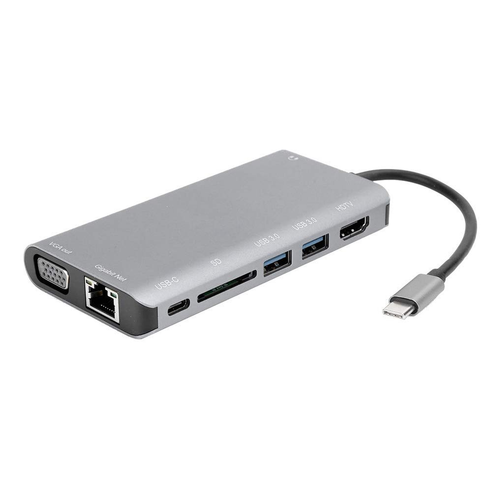 8 in 1 Type C Docking Station, Gray Aluminum Alloy Hub with 4K, VGA, Audio, USB3.0 Ports, Gigabit Ethernet for Notebook Expansion