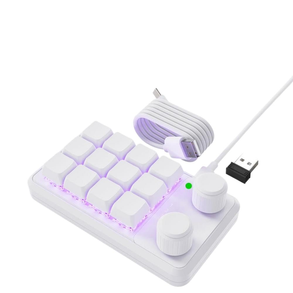 LYUVLBIY Custom Macropad RGB Mechanical Keyboard 12 Key Copy Paste Knob Compatible with and Photoshop Hotswap Compatible Keypad(White 2.4G 12Key)