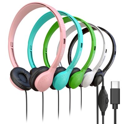 50 Pack Bulk Wired Headphones, Leather, USB-C, On-Ear, Volume Control, Compatible with Phone, Tablet, Laptop, PC for School, Class, Meeting, Conference, Test, Mix