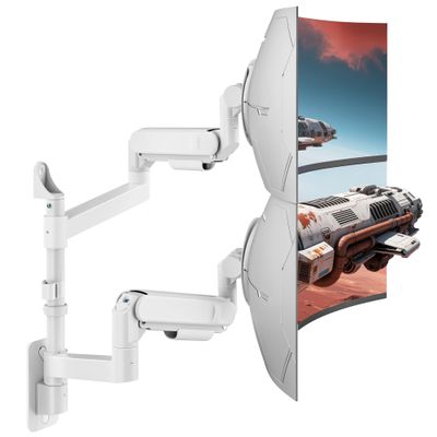 ARES WING Dual Monitor Wall Mount for 24-57 Inch Ultrawide Screens, Premium Heavy Duty Monitor Arm Holds 60 lbs, Full Motion Gas Spring, Bearing Head for Easy Adjustment, 75/100 VESA Mount, White