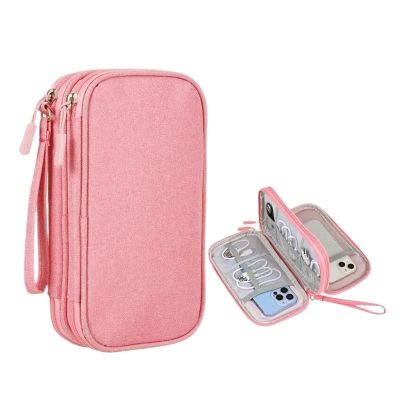 AMSOH Travel Organizer Bag Cable Storage Organizers Pouch Carry Case Portable Waterproof Double Layers Storage Bags for Cable Cord(Pink)
