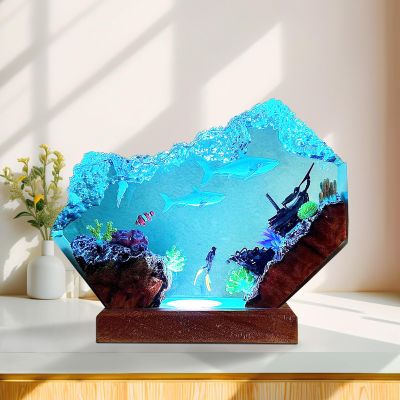 VISIOLEX Handmade 3D Resin lamp - Ocean Resin Night lamp, Ocean-Themed Perspective Painting, Adjustable lamp, Men's Office Decoration, Bedroom Decoration (Model A, 8 * 5in)