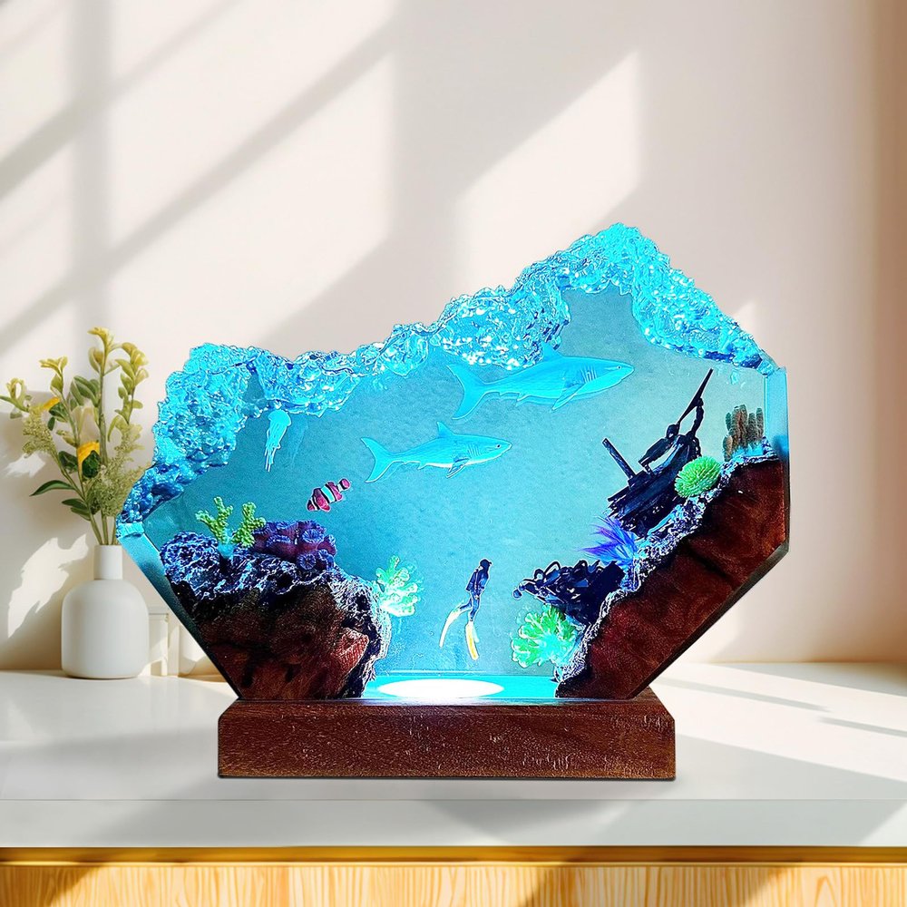 VISIOLEX Handmade 3D Resin lamp - Ocean Resin Night lamp, Ocean-Themed Perspective Painting, Adjustable lamp, Men's Office Decoration, Bedroom Decoration (Model A, 8 * 5in)