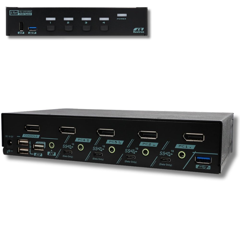 Rextron 8K DisplayPort 1.4 KVM Switch for 4 Computers 1 Monitor, USB 3.2 Gen 2 (10 Gbps), HDCP 2.2 Compliant, EDID Emulator, Plug & Play, Ideal for Office, Gaming and Industrial Control, PAAG-ET3114B