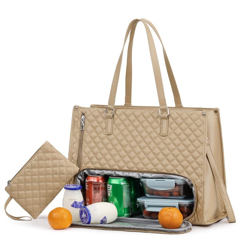 2-in-1 handbag, lunch bag, ladies' combination large handbag, crossbody computer bag (Khaki)