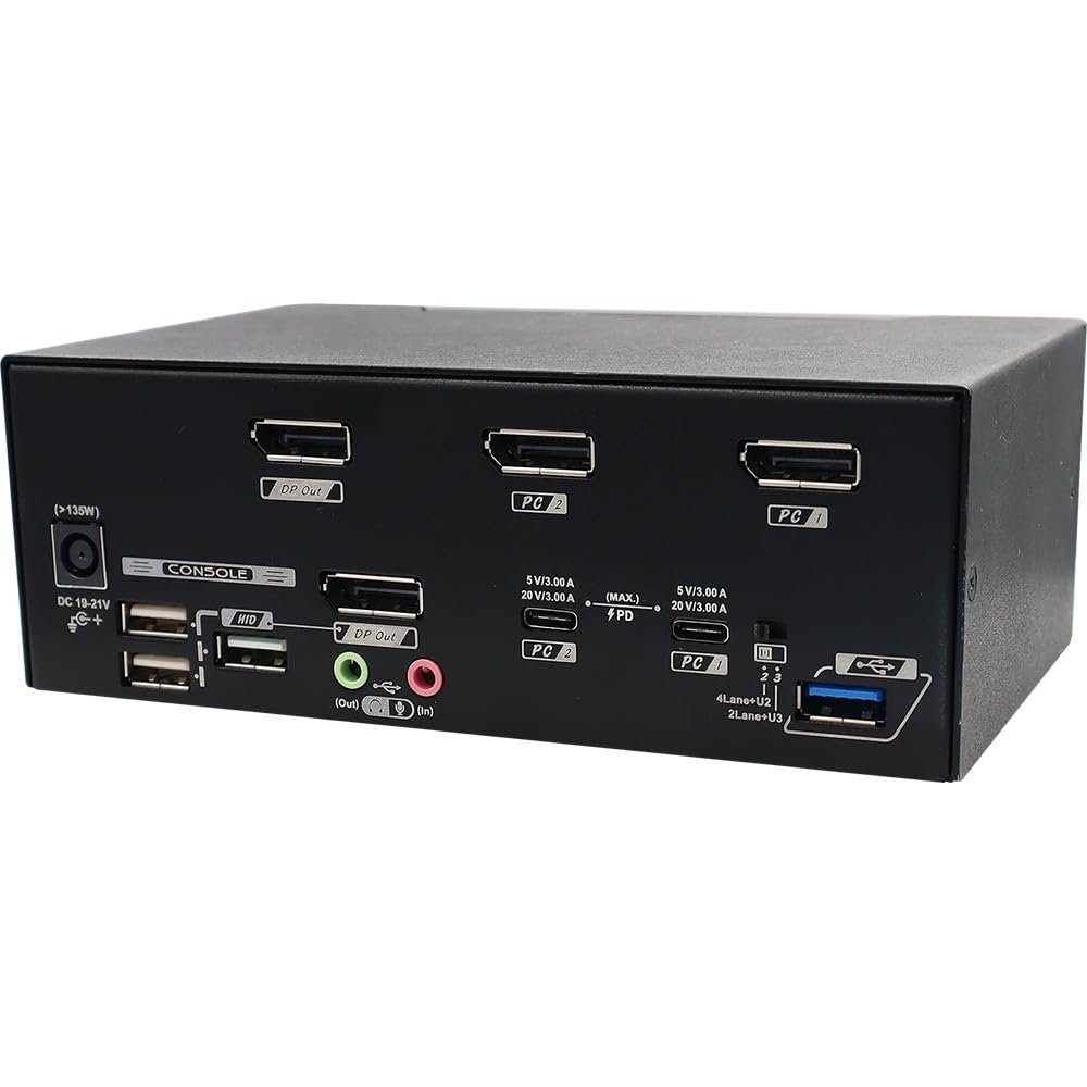 Rextron Hybrid KVM Switch for 2 Computers 2 Monitors with Displayport 1.2 & USB-C, Up to 8K@60Hz Resolution, USB 3.2 Gen, Auto EDID, Support HDCP 2.2/1.4, 20V PD Charging, CAHBP-P3122-13