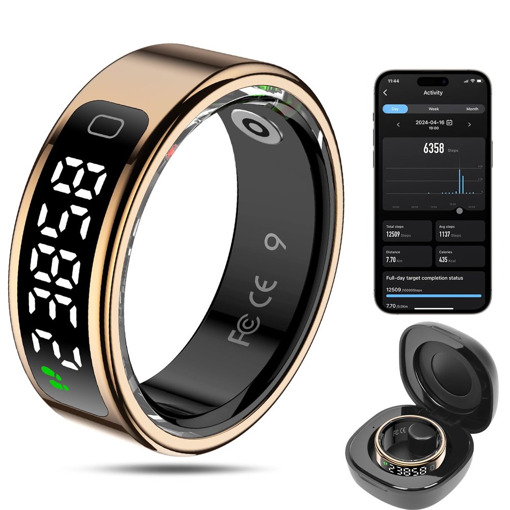 MagLoop Smart Ring Health Tracker for Men/Women,Fitness Ring Sleep Tracker with LED Display Sreeen,Fast Charging,Health and Sleep Monitoring,Motion Tracking,Female Cycle,Waterproof(Gold,11)