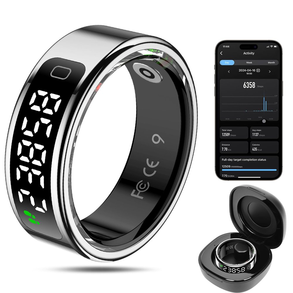 MagLoop Smart Ring Health Tracker for Men/Women,Fitness Ring Sleep Tracker with LED Display Sreeen,Fast Charging,Health and Sleep Monitoring,Motion Tracking,Female Cycle,Waterproof(Silver,9)