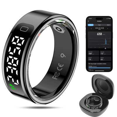 MagLoop Smart Ring Health Tracker for Men/Women,Fitness Ring Sleep Tracker with LED Display Sreeen,Fast Charging,Health and Sleep Monitoring,Motion Tracking,Female Cycle,Waterproof(Black,8)