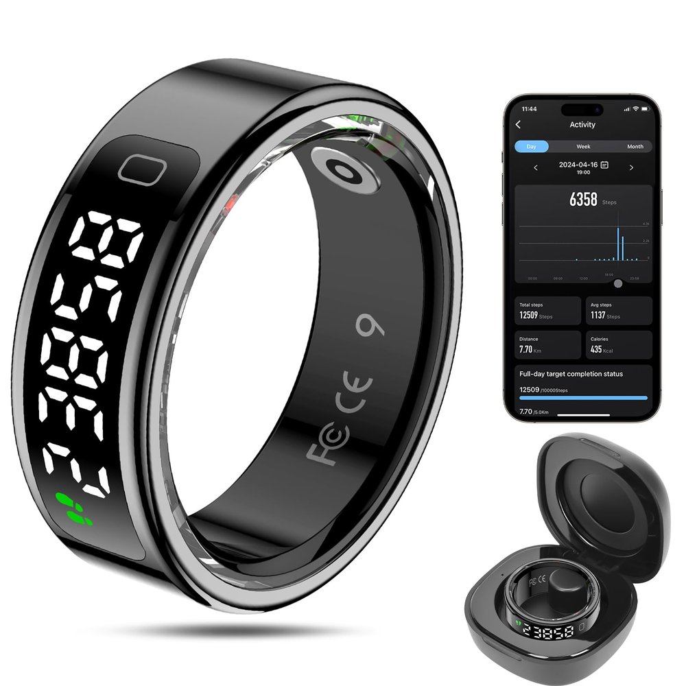 MagLoop Smart Ring Health Tracker for Men/Women,Fitness Ring Sleep Tracker with LED Display Sreeen,Fast Charging,Health and Sleep Monitoring,Motion Tracking,Female Cycle,Waterproof(Black,8)