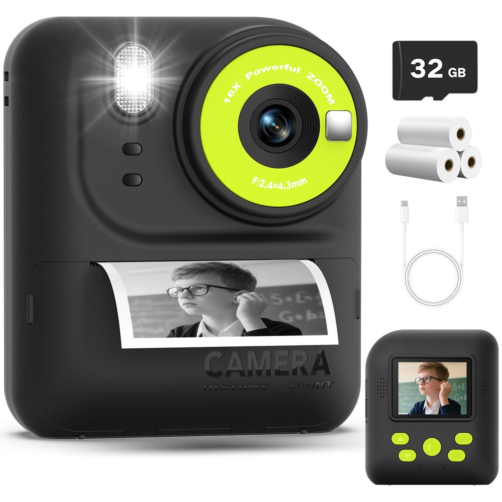 Okaloka Kids Instant Print Camera Toys,1080P HD Toddler Digital Video Camera,Birthday Christmas Gifts for Girls Boys age 3-12 Year old - 32G SD Card Included (Black)