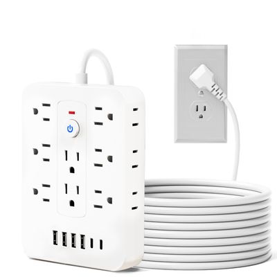 20-in-1 Surge Protector Power Strip with 14 AC Outlets, 4 USB & 2 Type-C Ports | Compact Flat Plug Design, Overload Protection, Space-Saving Extension Cord for Home, Office, Kitchen (White, 5FT)