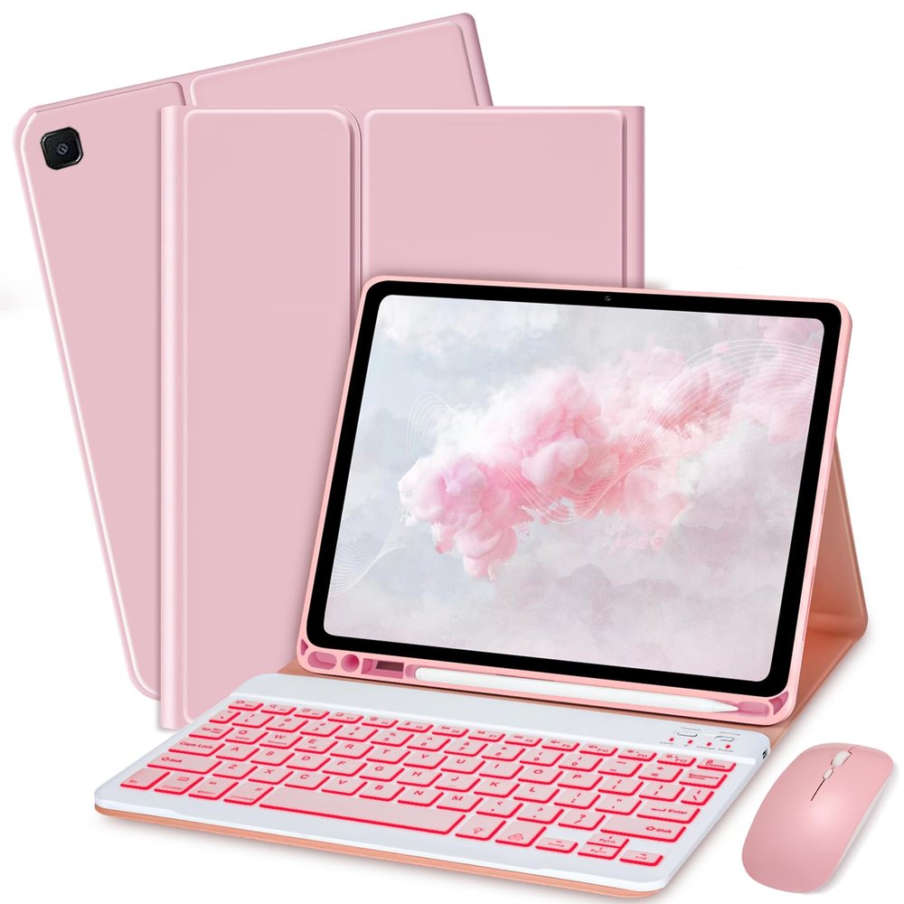 Bxomteng Keyboard Case for Samsung Galaxy Tab A7 Lite 8.7 inch 2021-7 Colors Backlit Keyboard Cover and Mouse (Pink)