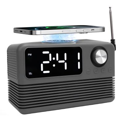 VBESTLIFE 15W Fast Wireless Charger with Bluetooth Speaker and Alarm Clock Radio, 4 in 1 Wireless Charging Station for Phones with FM Radio for Bedroom (Grey)