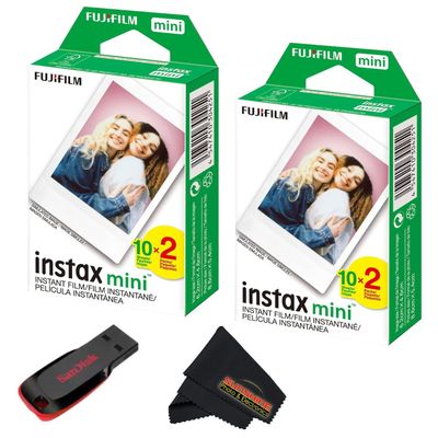 Fujifilm Instax mini Instant Daylight Film (Twin Packs + 32 GB USB Flash Drive) with Sunshine Photo Microfiber Cleaning Cloth... (2 Twin Packs + 32 GB USB Drive)