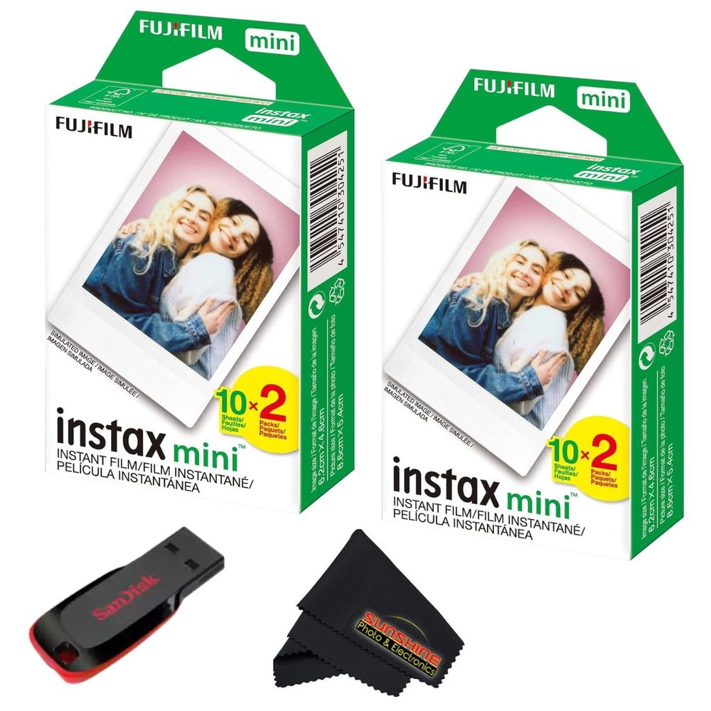 Fujifilm Instax mini Instant Daylight Film (Twin Packs + 32 GB USB Flash Drive) with Sunshine Photo Microfiber Cleaning Cloth... (2 Twin Packs + 32 GB USB Drive)