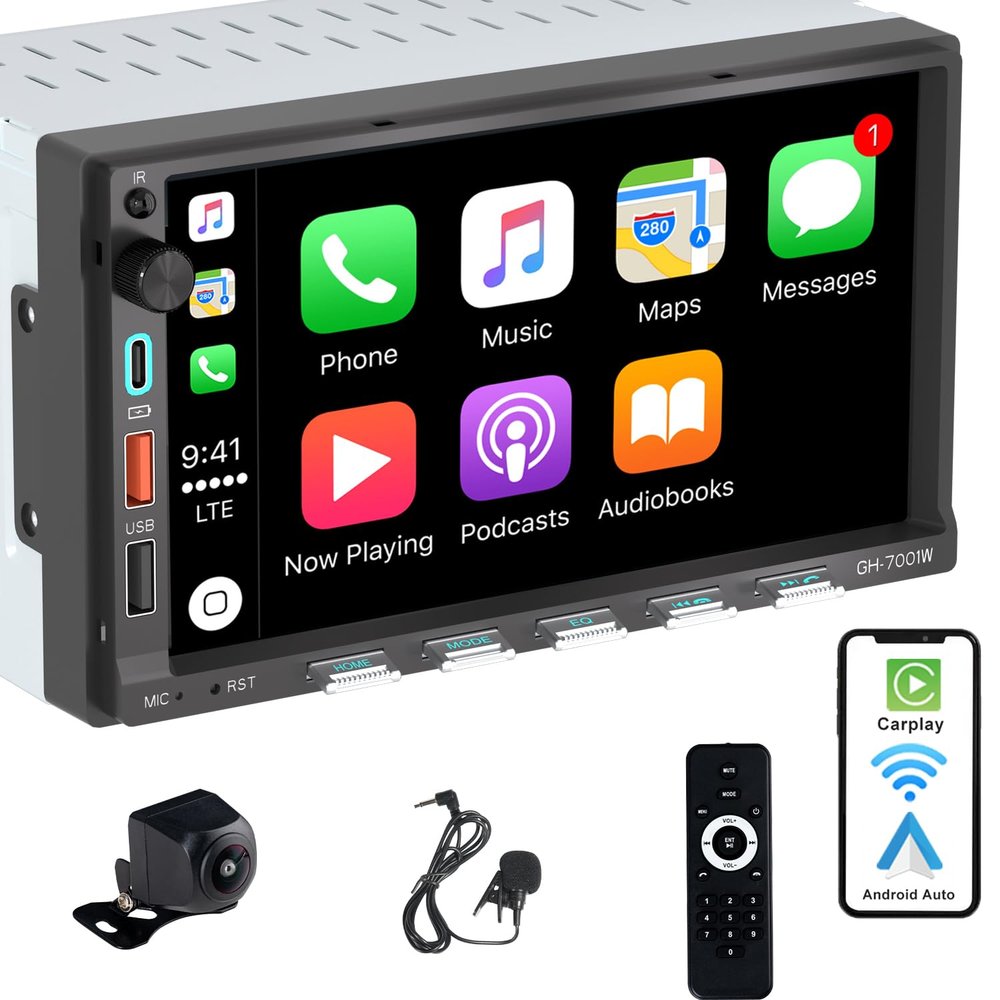 Alondy Double Din Car Stereo Compatible with [Wireless] Apple CarPlay Android Auto 7" Touchscreen Bluetooth AM/FM Radio USB (Fast Charge 3A) Backup Camera