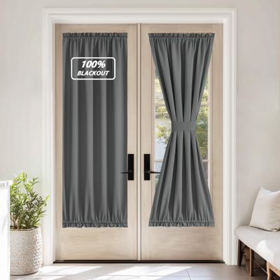 NICETOWN Grey 100% Blackout French Door Curtain with Tieback for Glass
