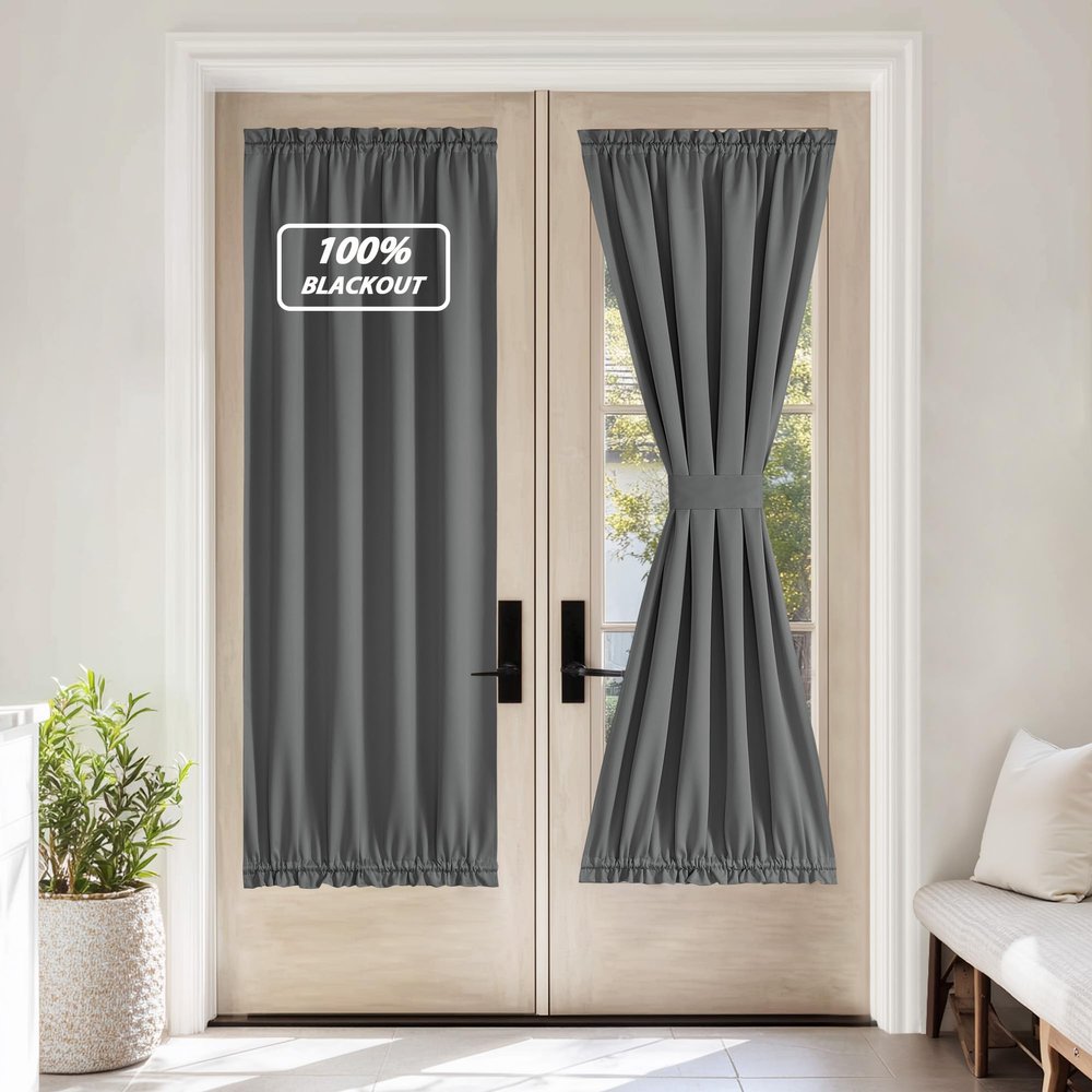NICETOWN Grey 100% Blackout French Door Curtain with Tieback for Glass