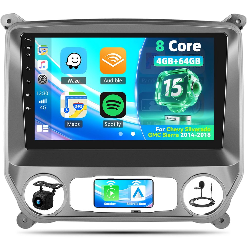 [8 Core 4+64GB]Qualcomm Android 15 Car Stereo for Chevy Silverado GMC Sierra 2014 2015 2016 2017 2018 with CarPlay Android Auto,10" Car Radio with Bluetooth5.1 GPS WiFi FM/RDS DSP SWC EQ Backup Camera