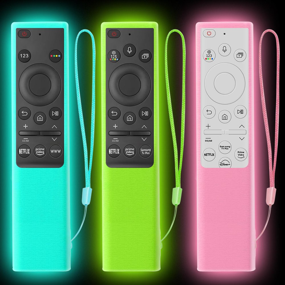 [3Pack] Climberer Case for Samsung TV Remote Cover BN59-01357/01385/01265A - Anti-Slip Solar Cell Remote Protector (Green+Blue+Pink) (Fluorescent Green/Blue/Pink) Glow-in-Dark