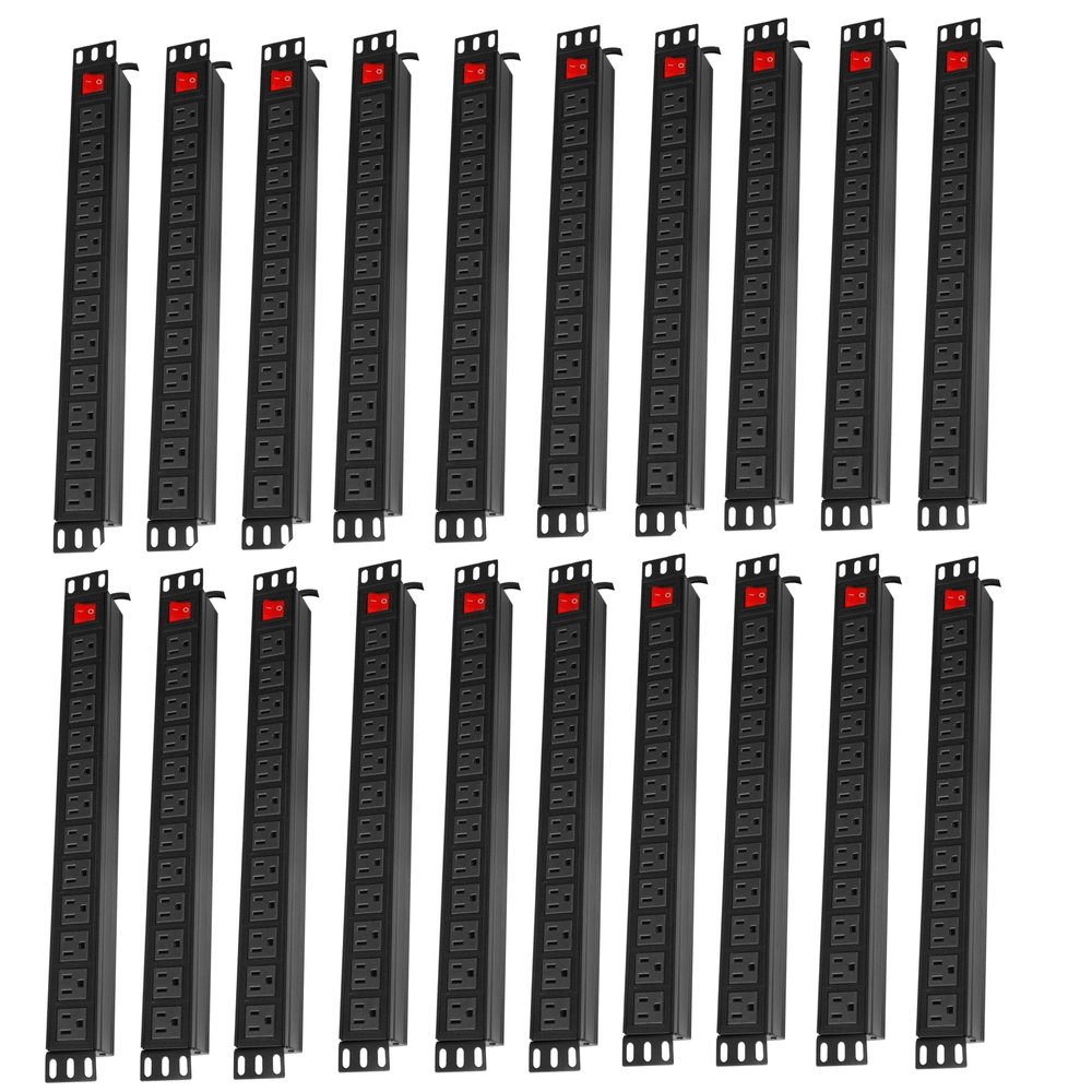 20PCS 12 Outlet Power Strips Surge Protector Rack-Mount PDU, Metal Mountable Power Strip with Switch, Heavy Duty Power Strips for Server Racks, Garage Shop, Industral Commercial (Black 6FT)