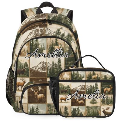 Joyousleap Personalized Rustic Cabin Backpack with Lunch Box Set, Vintage Country Deer Custom Name Backpacks and Lunch Bag Lightweight Waterproof Casual Daypack