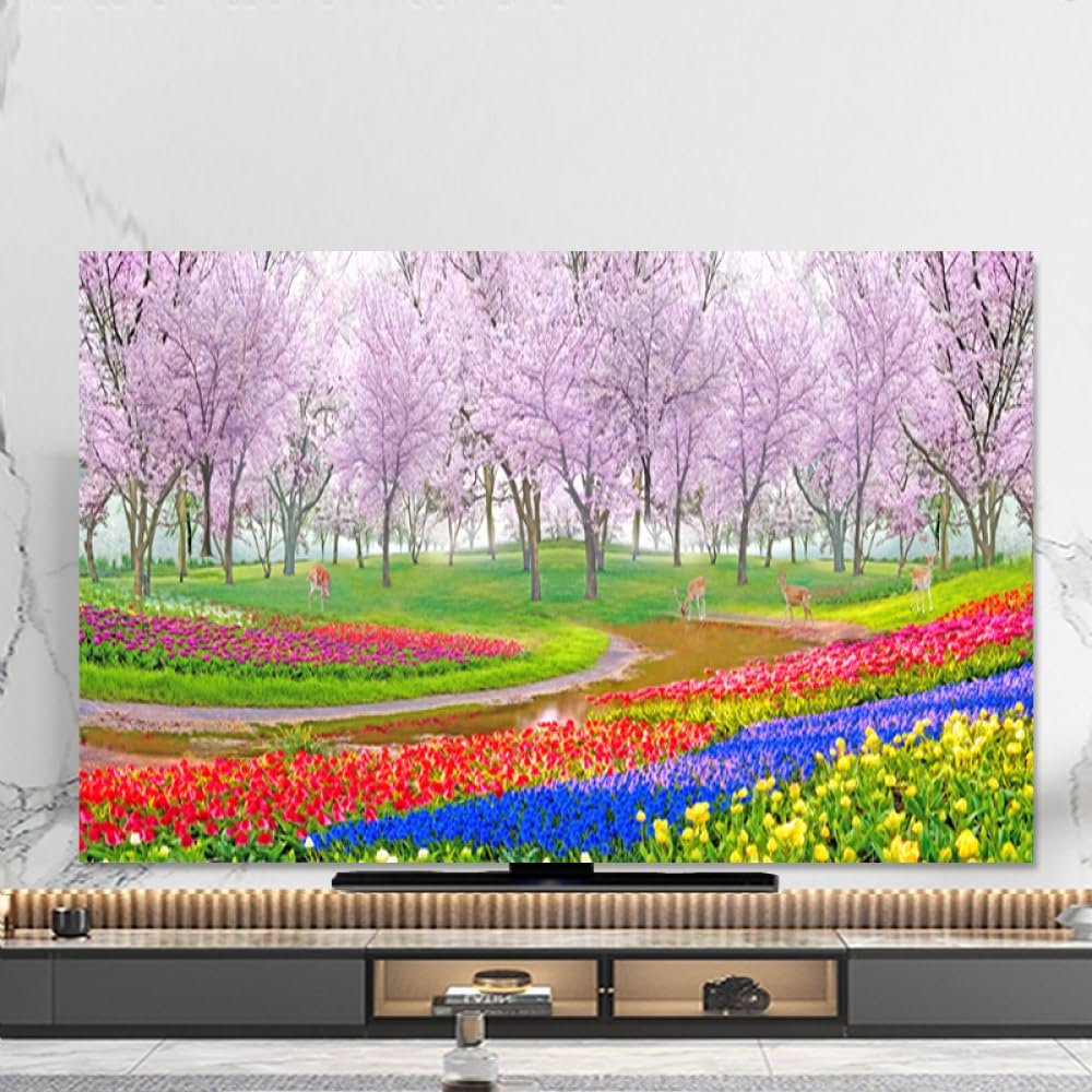 TV Cover Indoor Landscape Printing TV Display Dust Cover 32-80in Computer TV Monitor Protector Cover Wall Mounted Curved TV Screen Protector Bedroom Living Room Decoration-Pink||80inch(188*110cm)