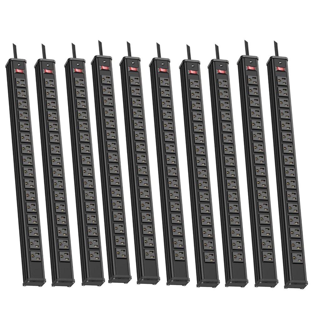 10PCS Metal 16 Outlet Power Strips, Extra Long Power Strip With10ft Cord,Heavy Duty Power Strips Wall Mount, Garage Power Strip with Switch for Work Shop, Workbench Industrial Commercial Use (Black)