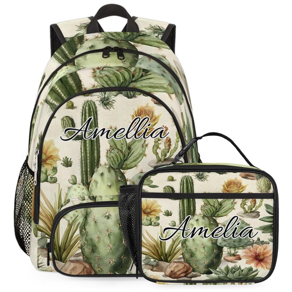 Joyousleap Personalized Tropical Plants Cactus Backpack with Lunch Box Set, Floral Plant Custom Name Backpacks and Lunch Bag Lightweight Waterproof Casual Daypack