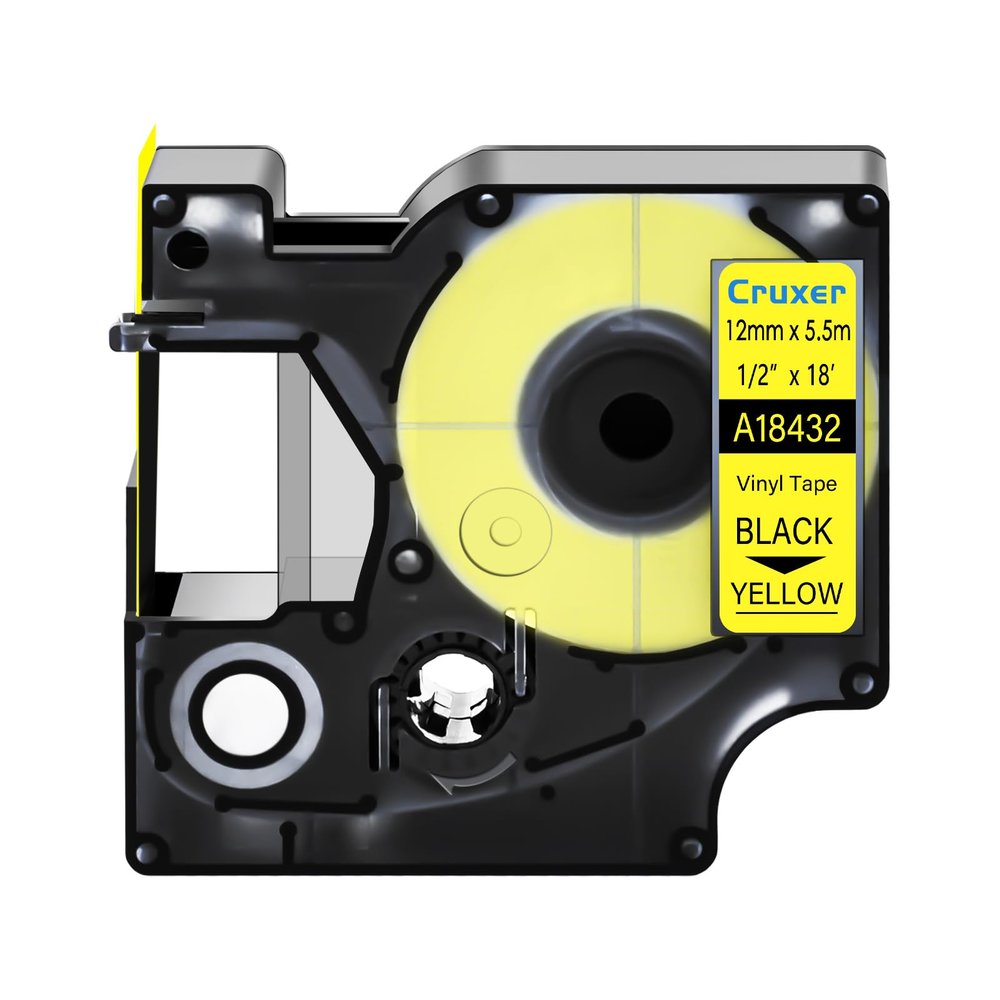 Cruxer 1 Pack Replacement for Rhino A18432 18432 12mm 1/2" x 18' Black on Yellow Label Tape IND Vinyl Industrial Labels Compatible with 5200 4200 1000 3000 6000 5000 Marker
