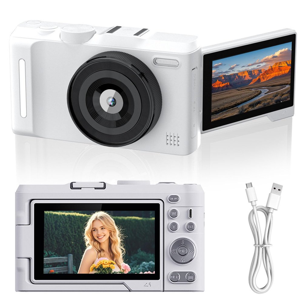 ASHATA 4K Digital Camera for Photography with 3 Inch 180 Flip Screen, 48MP Vlogging Camera for, 18x Zoom Auto Focus 2000mAh, Compact for Travel Family Records (White)