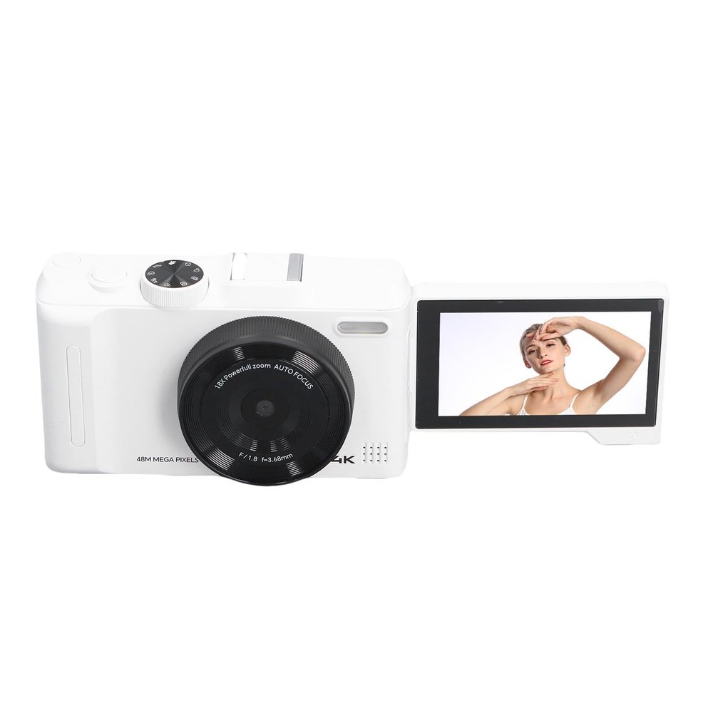 Bewinner 4K Digital Camera, 48MP Digital Camera with AF Auto Focus 18X Zoom, 3 Inch 180 Flip Screen Vlog for Travel, Selfie, Photography (White)