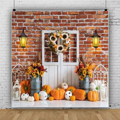 10x10ft Fall Backdrop for Photography Autumn Harvest Pumpkin Sunflower Photo Background Rustic Red Brick Wall White Barn Door Portrait Background Thanksgiving Day Fall Theme Party Decorations