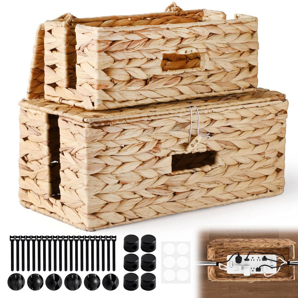 2 Pack Cable Management Box with Lid, Handwoven Water Hyacinth Cord Organizer, 4 Side Open Slots Cable Hider for Power Strips, Cords & Wires, Desk/Floor/Office Storage Box to Hide Electronics Clutter