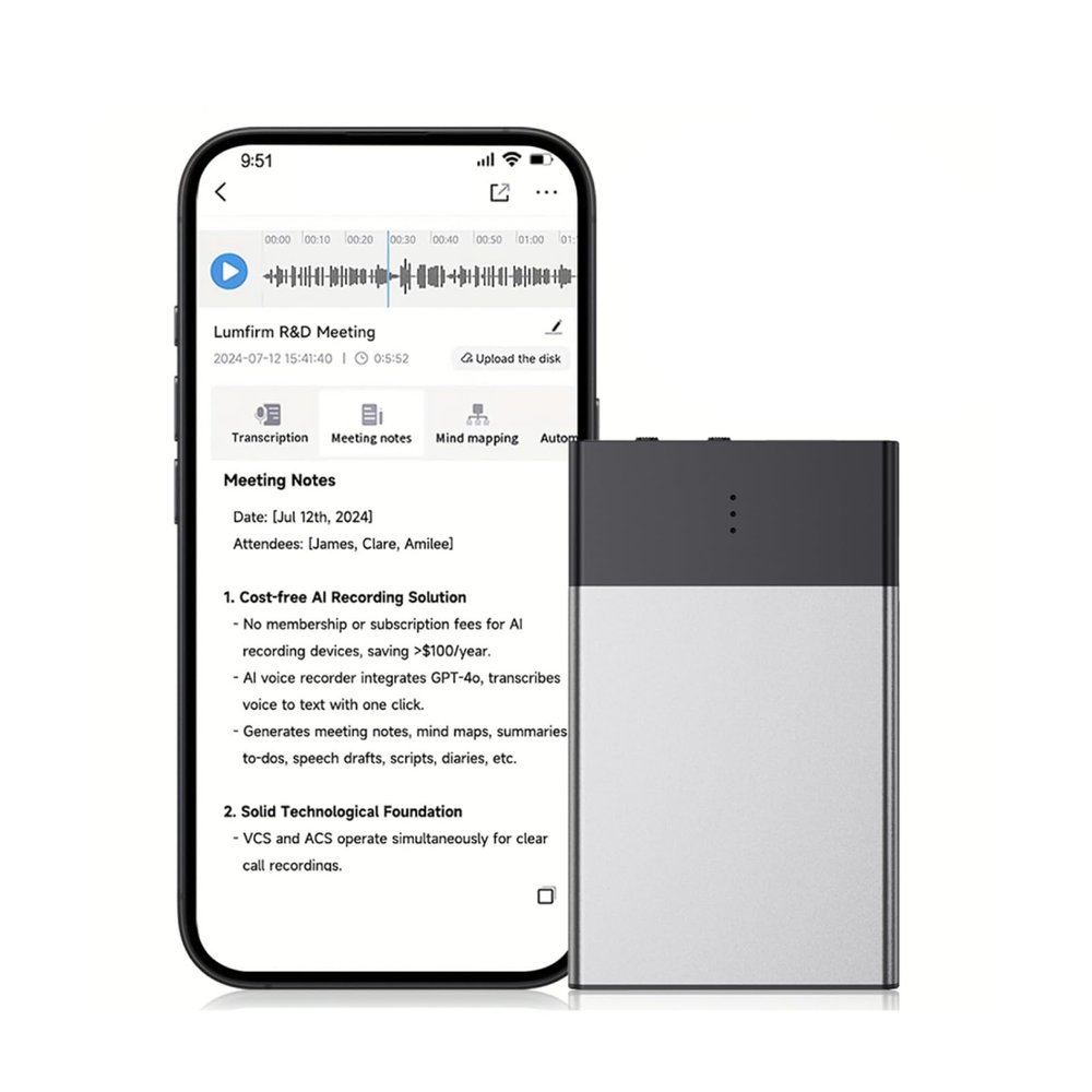 Gugxiom with APP Control, Digital Audio Recorder with Transcribe and Summarize, 108 Languages, Magnetic Case, for Lectures, Meetings, Interviews (32G)