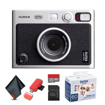 FUJIFILM INSTAX MINI EVO Hybrid Instant Camera (Black) Bundle with 32GB Memory Card + Camera Case + USB Card Reader, SD/microSD + Microfiber Cleaning Cloth