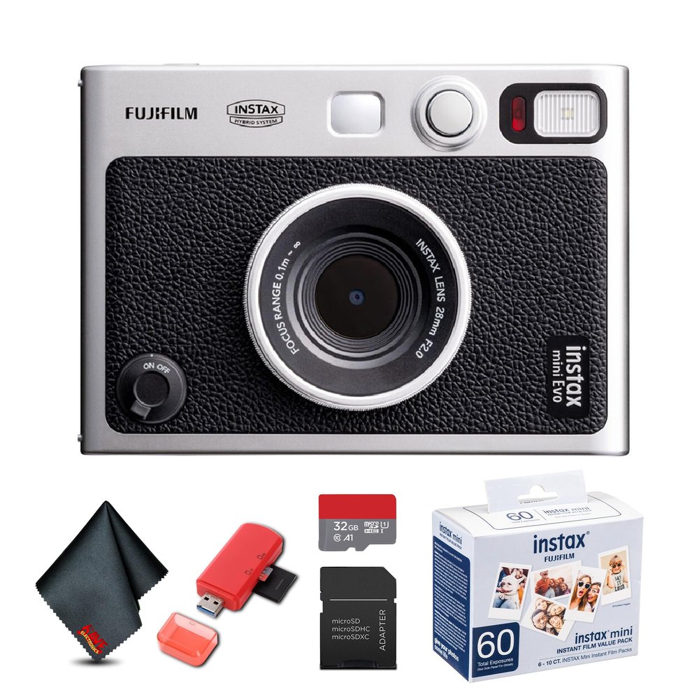 FUJIFILM INSTAX MINI EVO Hybrid Instant Camera (Black) Bundle with 32GB Memory Card + Camera Case + USB Card Reader, SD/microSD + Microfiber Cleaning Cloth