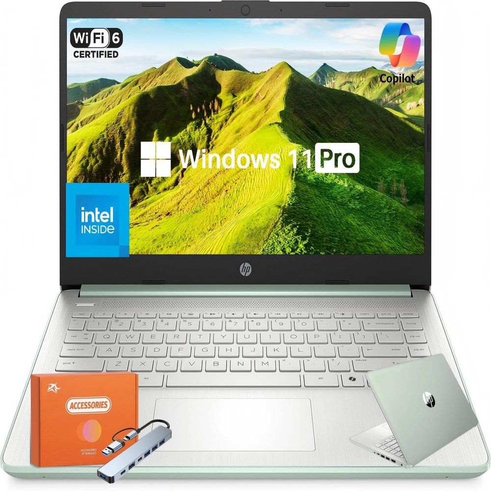 HP 2025 New Laptop for Student Business, Intel N150 CPU(Beats N4120), 14 Inch LED, 16GB RAM, 128GB UFS+256GB MSD+128GB USB, Wi-Fi 6, Copilot AI, 1 Year Microsoft 365, Windows 11 Pro, USB HUB, Mouse
