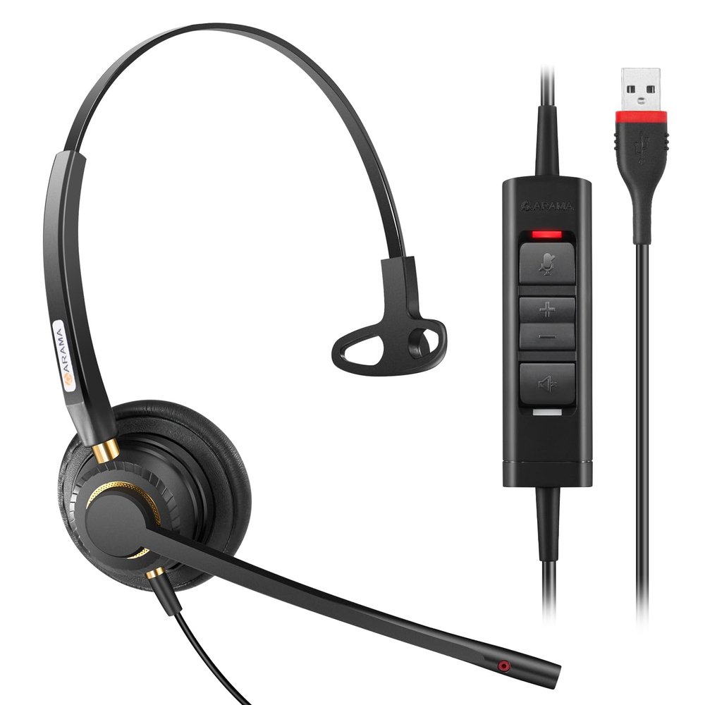 Arama 2-Pack USB Headset with Microphones for PC, Computer, Laptop - Clear Sound Quality with Mute Button & Volume Control - Ideal for Streaming, Office, Zoom Calls