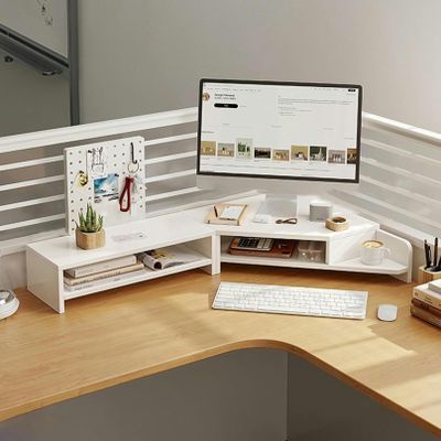Desktop Organizer Computer Monitor Stand 2 Screen Monitor Riser for Corner Desk, Dual Monitor Stand Tabletop Organizer Storage Rack, Wood Ergonomic Monitor Stands 2 Shelf