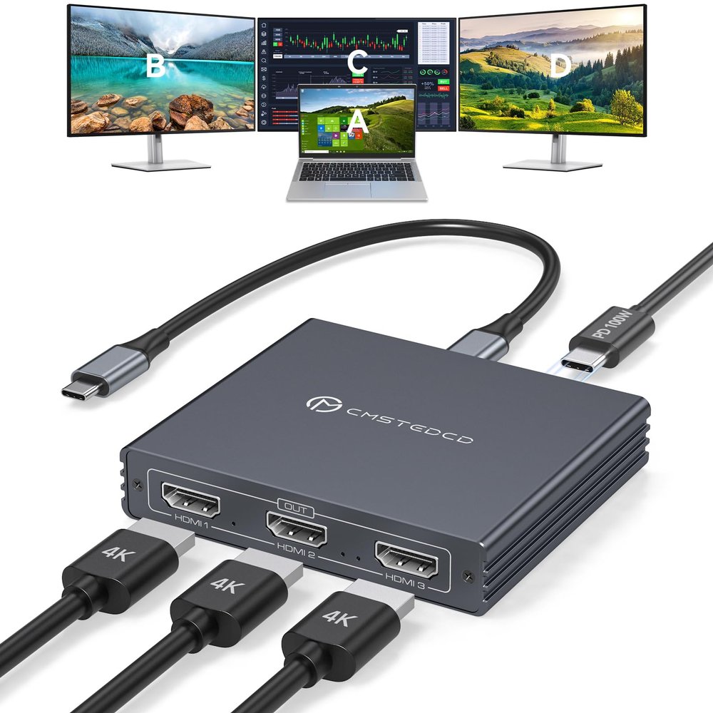 JCYMELE USB C to 3 HDMI Adapter 4K60Hz HDMI Splitter Extended Display 3 Monitors MST HUB USBC Splitter 1 in 3 Out with 100W PD Charging, Compatible with Laptop,PC,USB-C Graphics Card