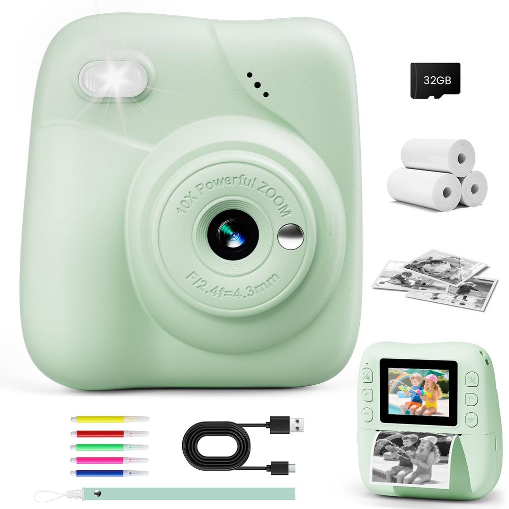CAMCLID Kids Camera Instant Print, 1080P HD Kids Instant Camera with 32G Card & 3 Rolls Print Paper, Portable Toddler Toy, Christmas Birthday Gifts for Boys Girls Age 3-12 (Green)