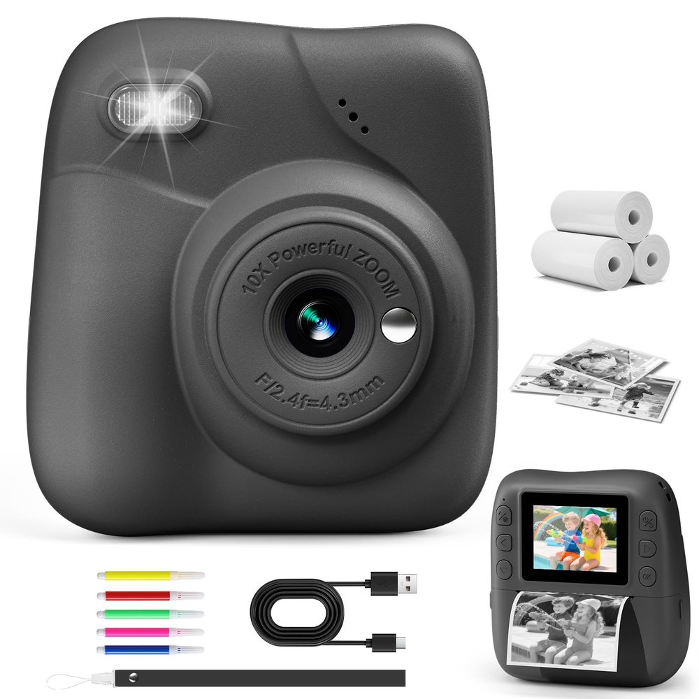 CAMCLID Kids Camera Instant Print, 1080P HD Kids Instant Camera with 32G Card & 3 Rolls Print Paper, Portable Toddler Toy, Christmas Birthday Gifts for Boys Girls Age 3-12 (Black)