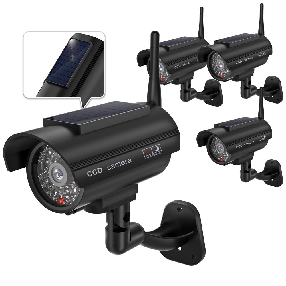 WALI Dummy Fake Camera, Solar Powered Fake Security Camera with LED Light, Simulated Surveillance Security CCTV Dome Cameras with Antenna and Warning Sticker Indoor Outdoor (SOL-TCB2), 2 Packs, Black