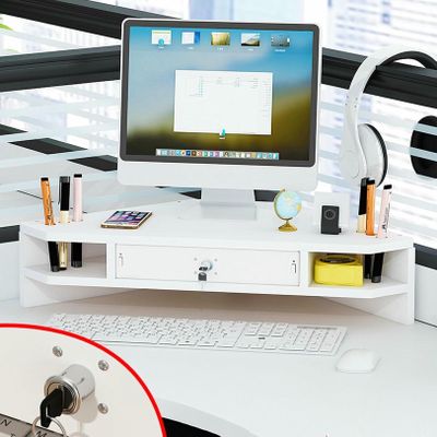 2 Tier Corner Monitor Stand with Drawer Triangle Desk Organizer for Computer Riser Rack Ergonomic Monitor Elevator and Desktop Storage Shelf