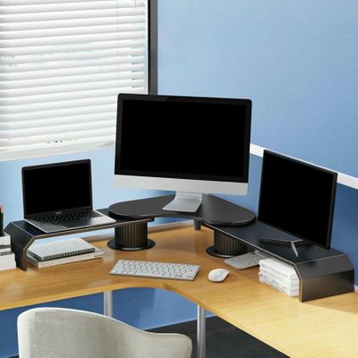 3 Screens Corner Computer Monitor Riser, Adjustable Office Desk Organizer Storage Rack 270 Rotation, Metal Laptop Corner Lift Stand