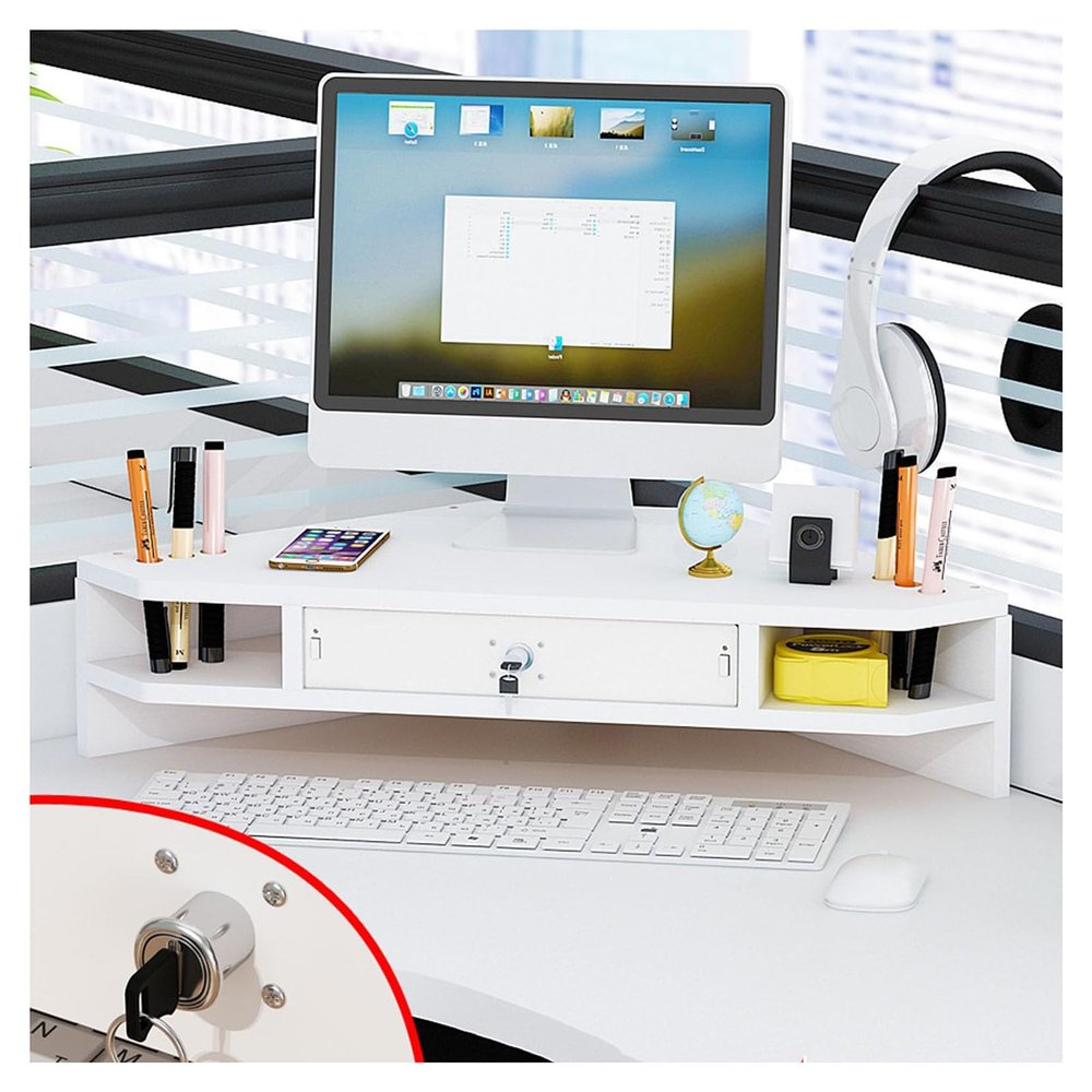 2 Tier Triangle Monitor Stand Riser with Drawer,Modern Wooden Desk Organizer Computer Riser Rack,Ergonomic Monitor Elevator,Office Desktop Storage Shelf