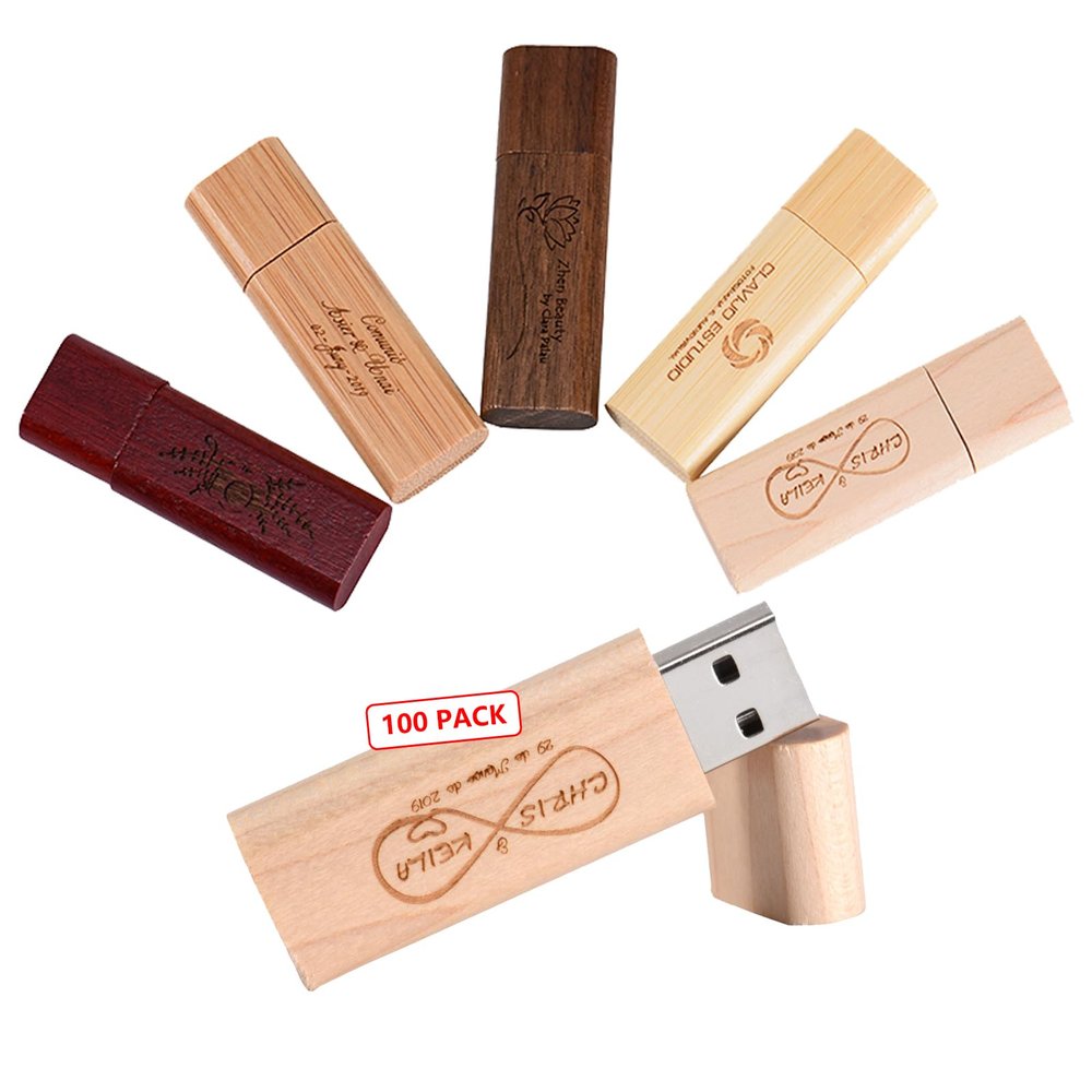 16GB 100Pcs Custom USB 2.0 Flash Drive with Exquisite Linen Bag, Personalized Wood USB Stick Bulk, Customized Thumb Drive, Engraving/Printing Your LOGO & Text for Graduation/Photography/Company Events
